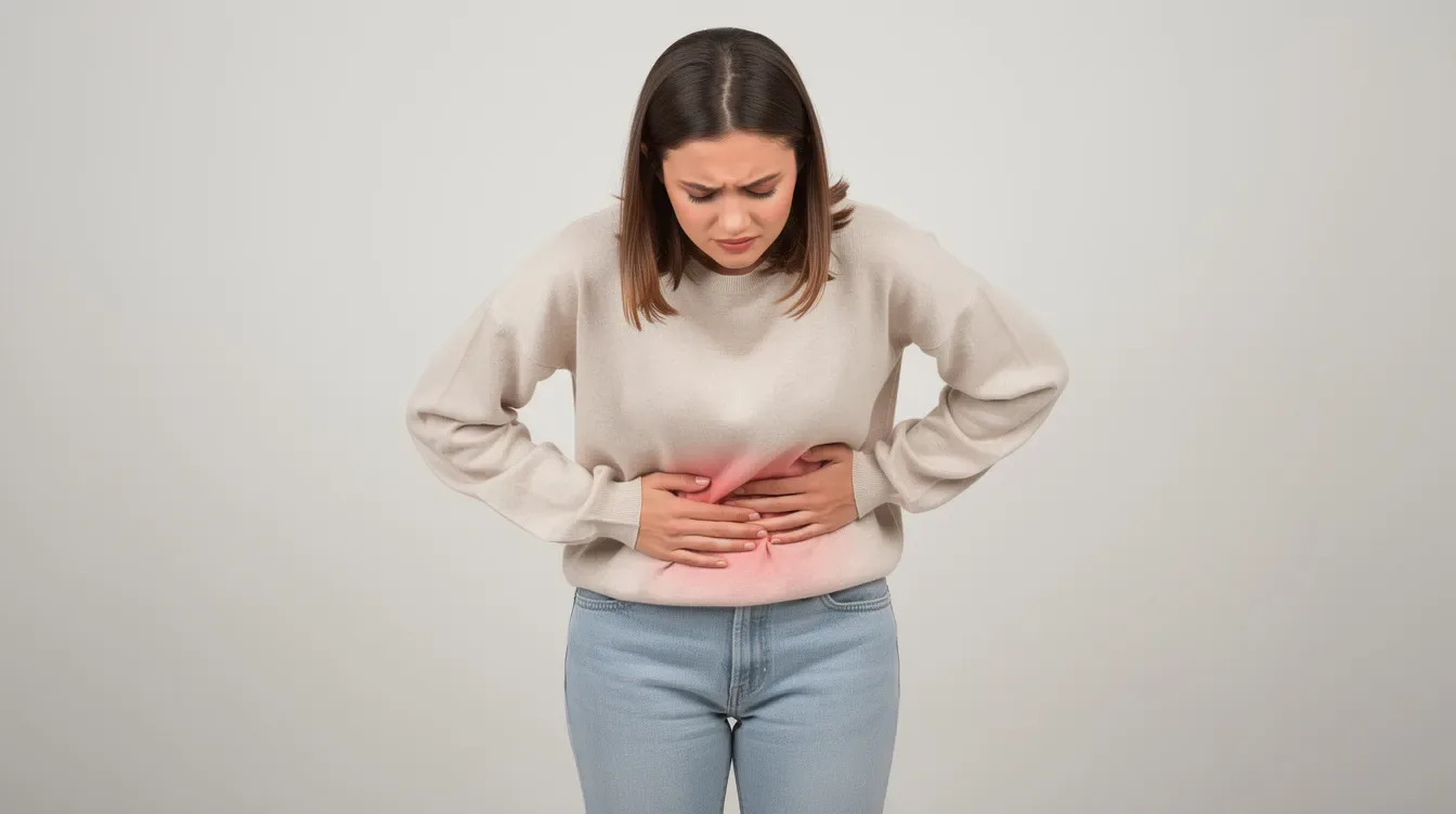 Adenomiose sintomas: mulher com cólica forte e dor pélvica segura a parte baixa do abdome