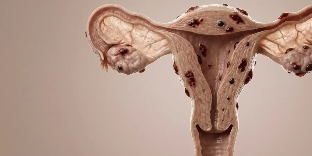 Adenomiose: ilustração anatômica do útero com focos de tecido semelhante ao endométrio dentro da parede muscular (miométrio)