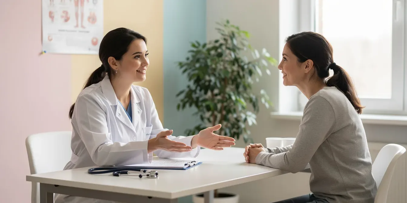 Endometriose profunda: médica conversa com paciente sobre dor pélvica em consulta ginecológica